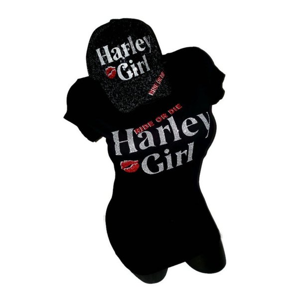 Harley Girl Ride or Die Fitted Spandex Black Tee with Shiny Lettering. - Picture 3 of 7